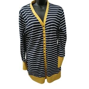 Richcoco Navy White Striped Yellow Collar Detail Cardigan Snaps Front sz 2XL